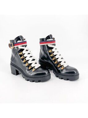 Gucci Sylvie Trip Black Leather Lace Up Combat Boots Size 36.5 US 6.5 Women's